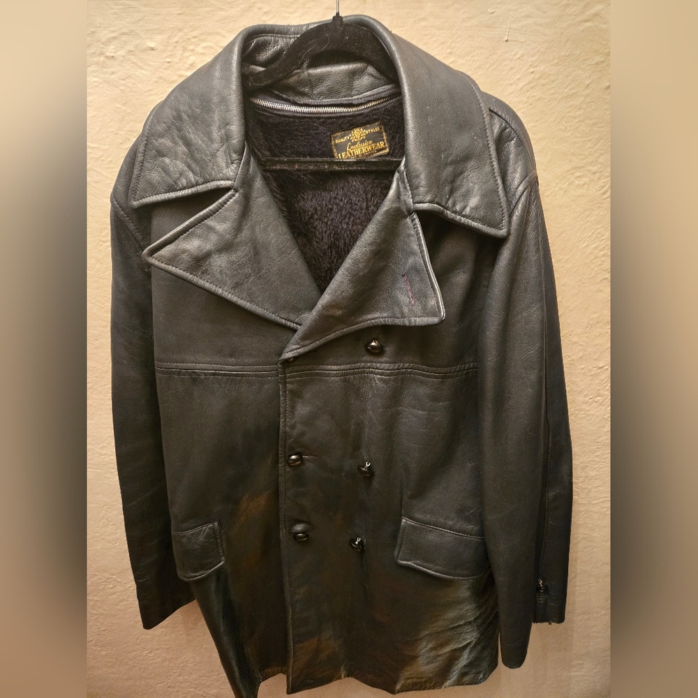 Vintage Black Leather Coat w/ Removable Fleece Vest Made in Canada